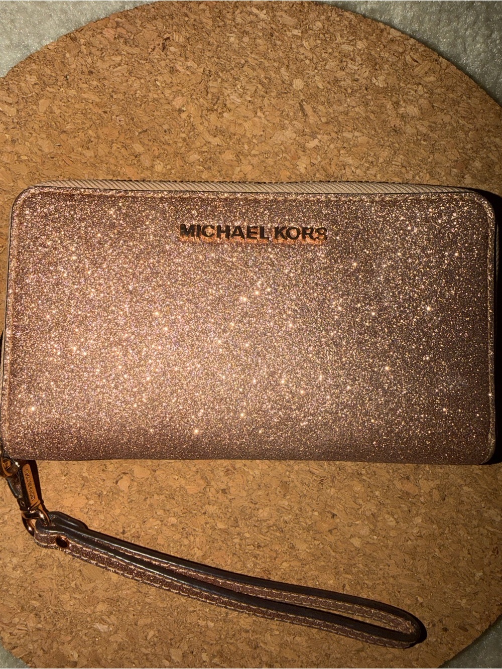 Michael Kors Rose Gold Glitter Zip-Around Wristlet Wallet